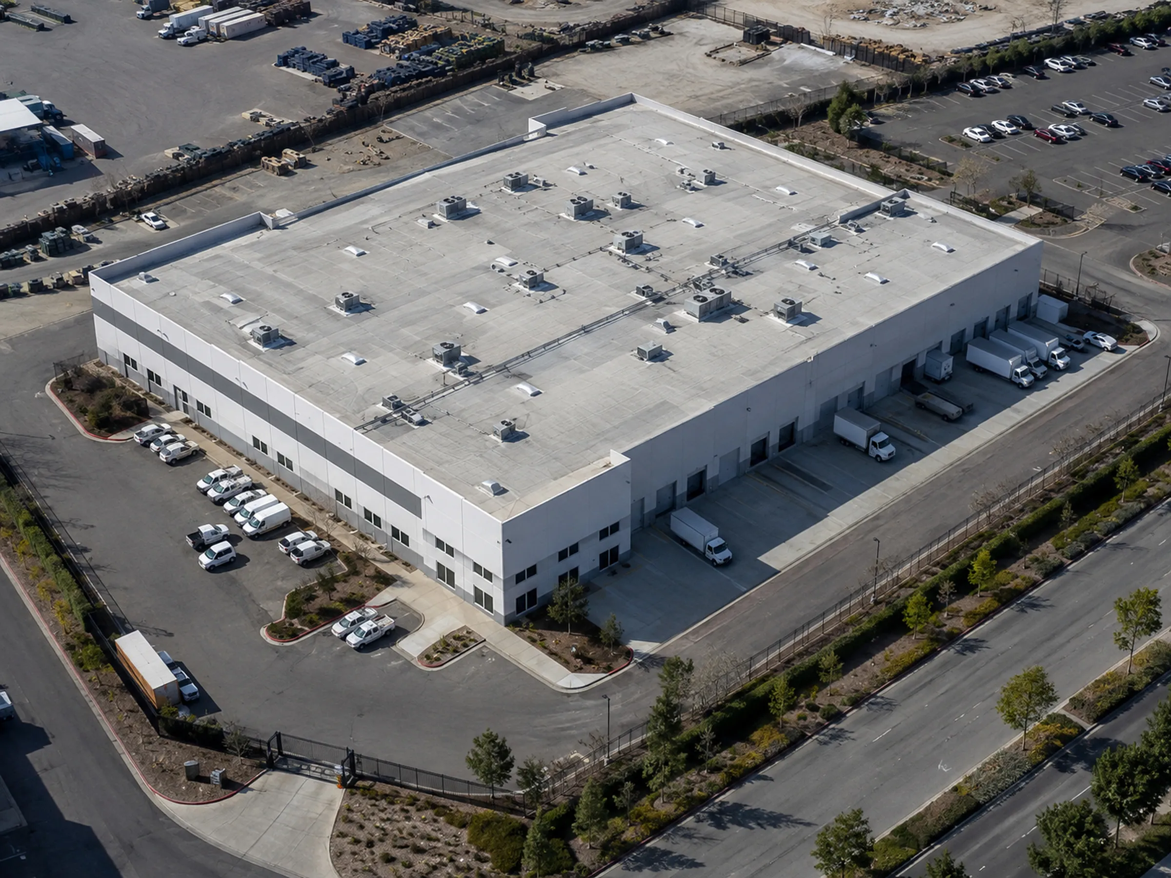 Commercial or industrial facility exterior — facades, rooftop equipment, yard areas visible from an elevated viewpoint.