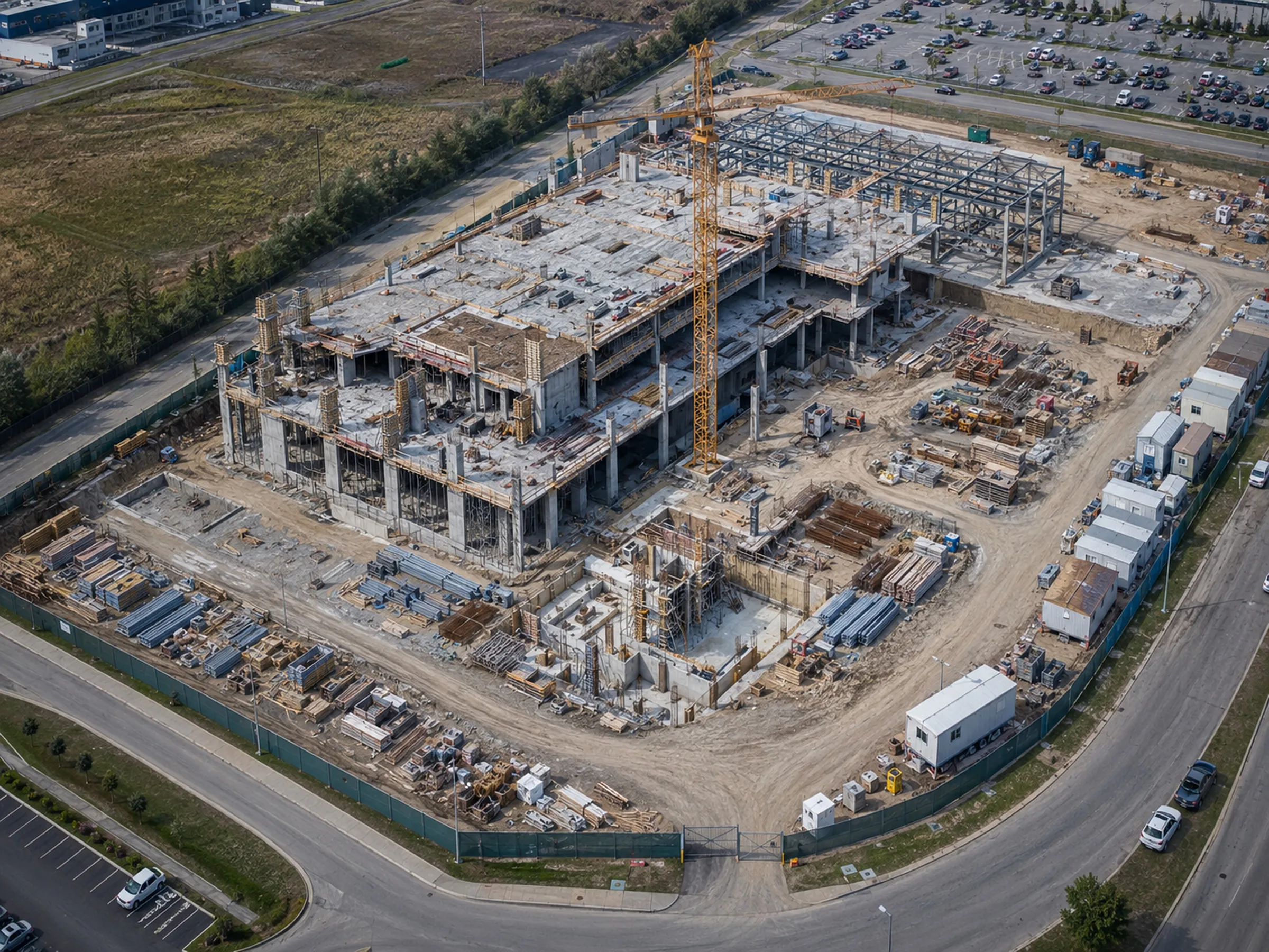 Active commercial construction site from a consistent elevated viewpoint — structure, crane, site logistics visible.
