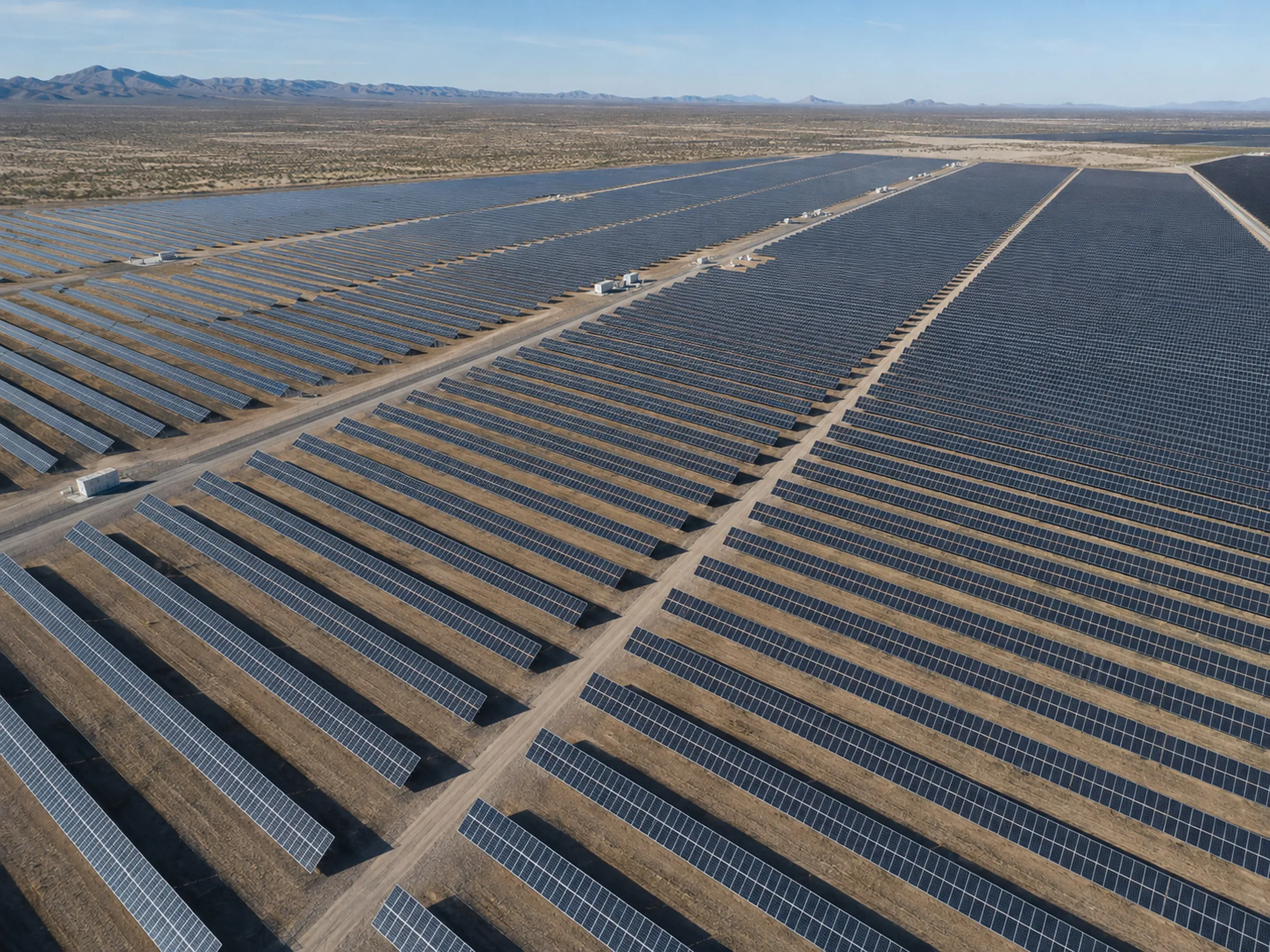 Utility-scale solar array photographed from the air, showing rows of photovoltaic modules and site access roads.