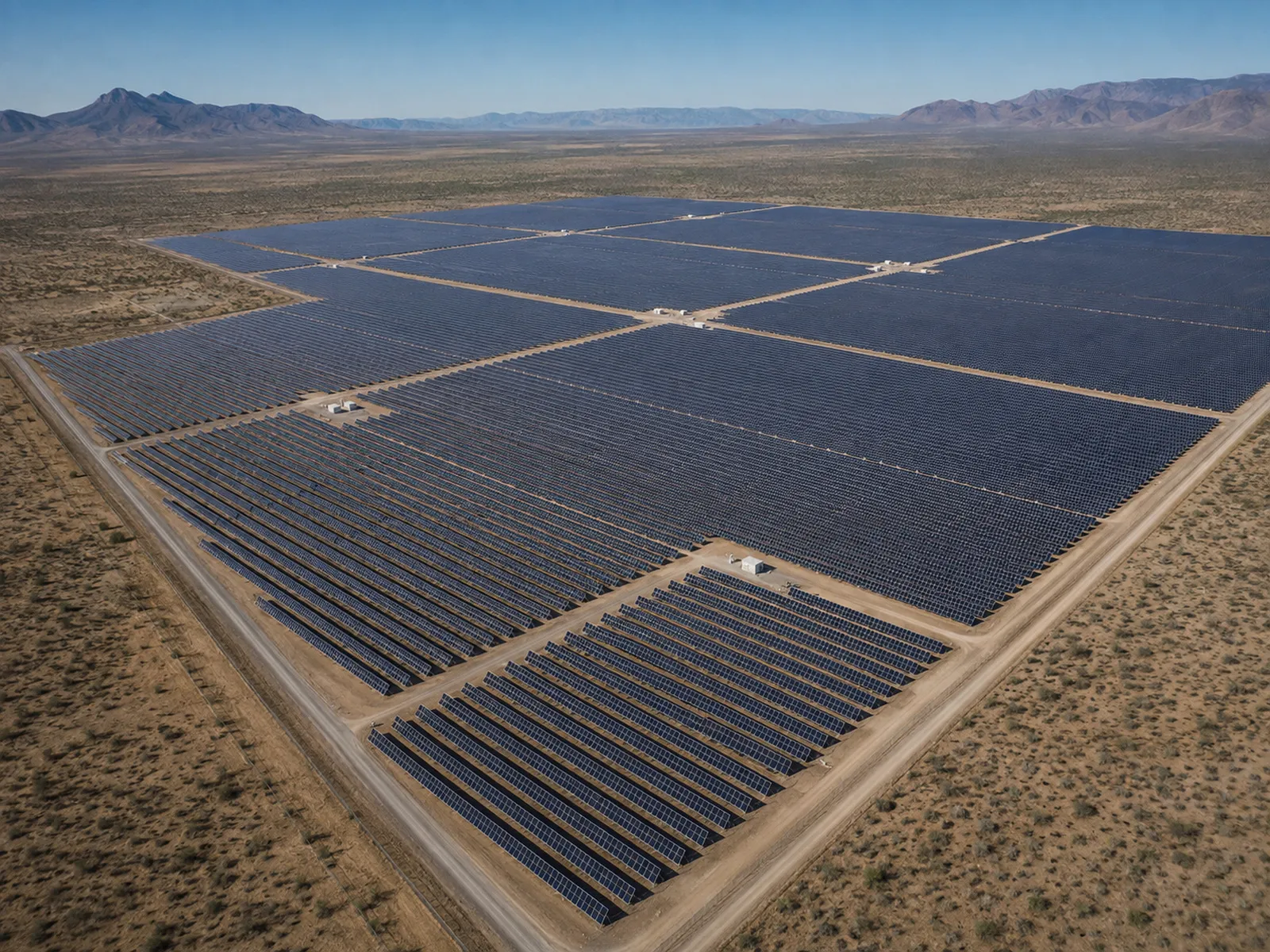 Wide view of a utility-scale PV array showing row structure and site scale.