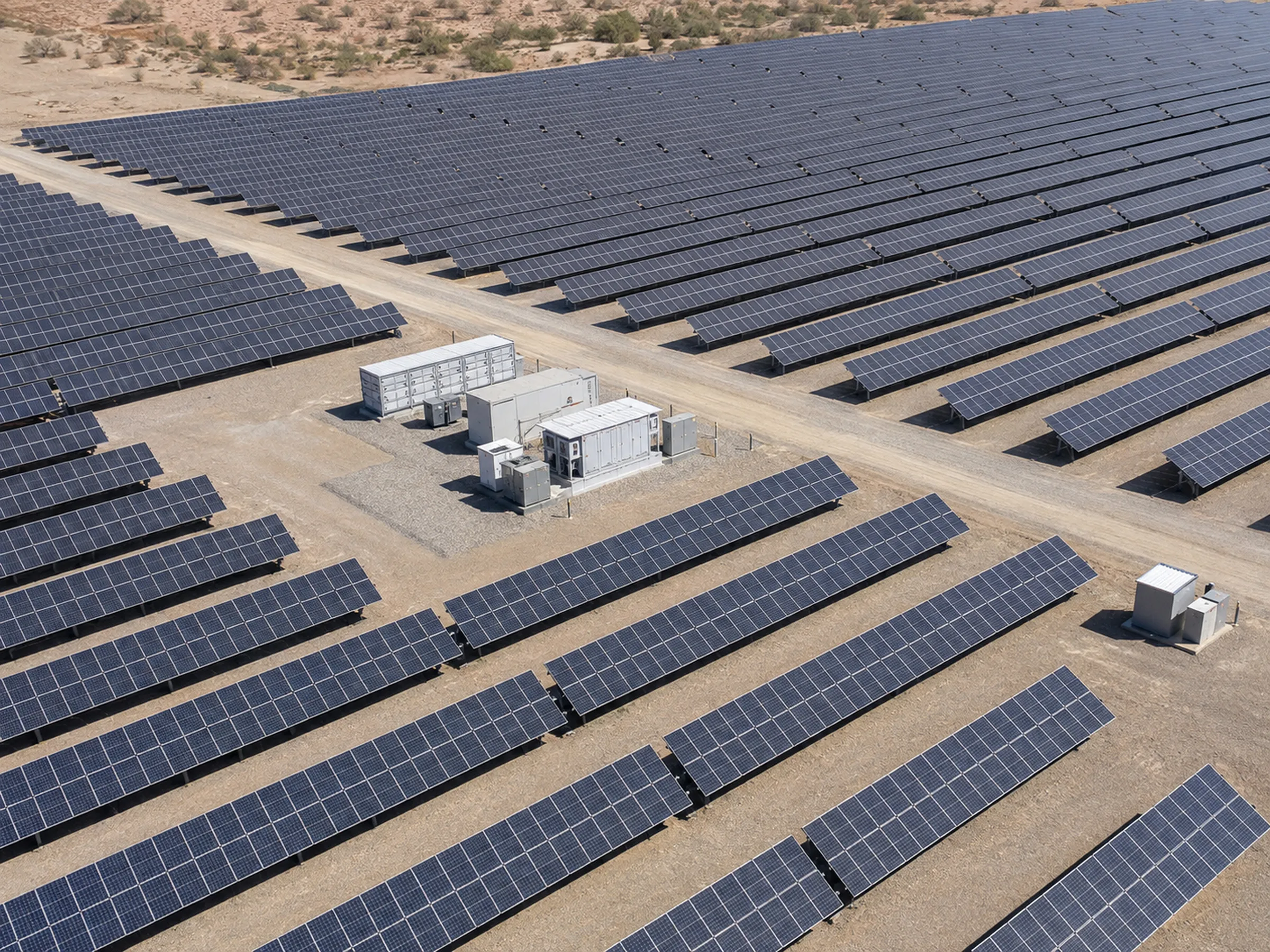 Utility-scale PV array viewed as working infrastructure — long module rows, access roads, site scale visible.